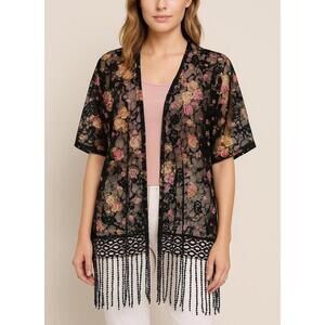 2XL Sweet Rain Floral Lace Kimono Duster Black Fringe Boho Whimsigoth Fairy